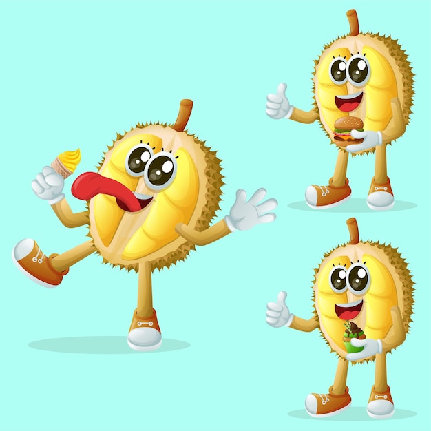 Vector cute durian characters enjoying food