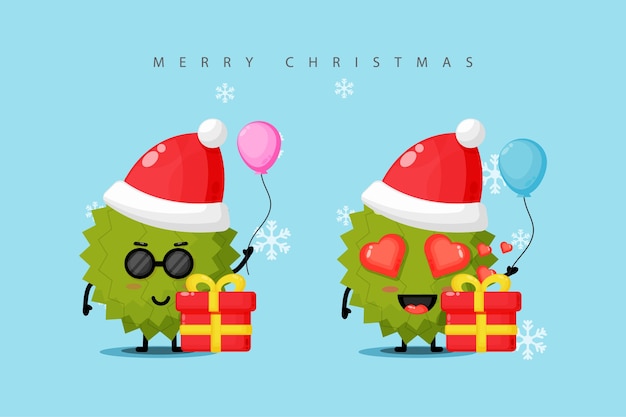 Vector cute durian mascot celebrating christmas day