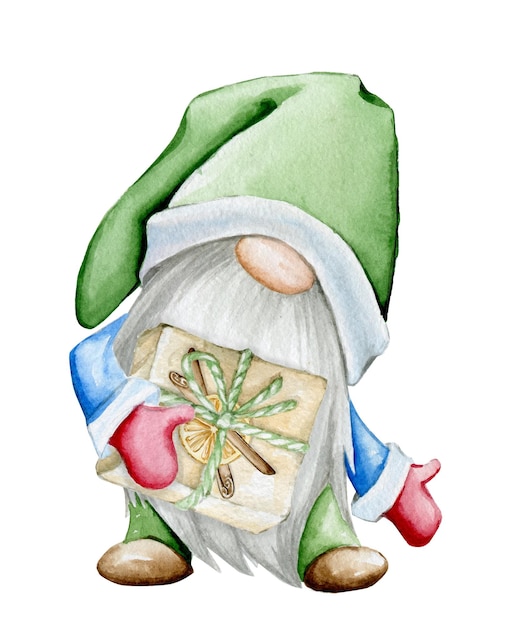 緑の帽子をかぶったかわいい小人がギフトを持っています。漫画のスタイルの水彩画のクリップアートですが、クリスマス休暇のための孤立した背景です。