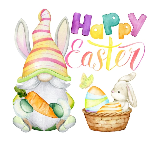 Cute dwarf, rabbit, easter eggs, butterfly, basket, lettering, watercolor concept  , in cartoon style