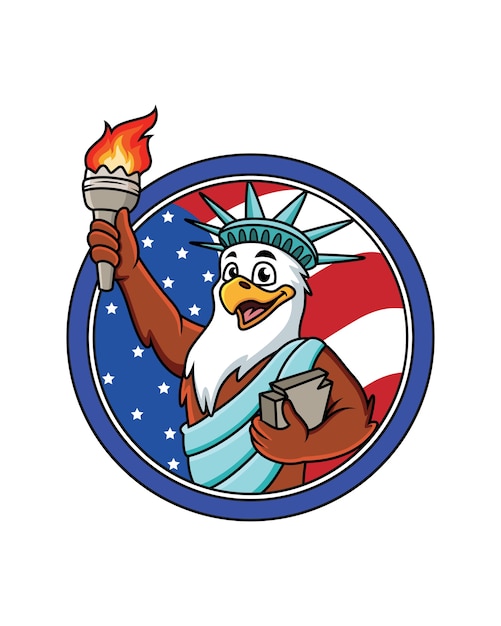 Vector cute eagle cartoon in liberty outfit.   illustration with american flag
