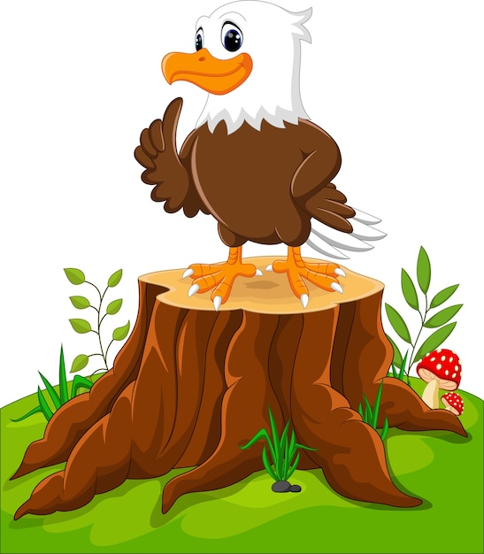 Cute eagle cartoon on tree stump