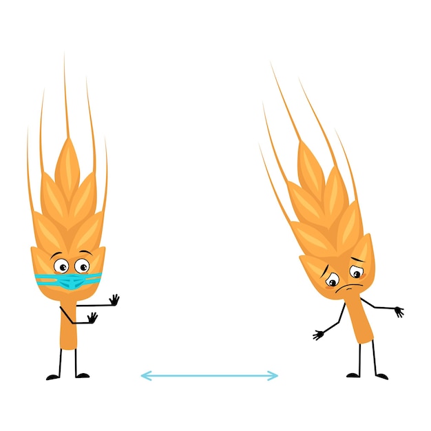 Симпатичный персонаж колосья пшеницы в медицинской маске держит руки и ноги на расстоянии здоровые хлопья с заботливым выражением лица и позой богатая витаминами пища векторная плоская иллюстрация
