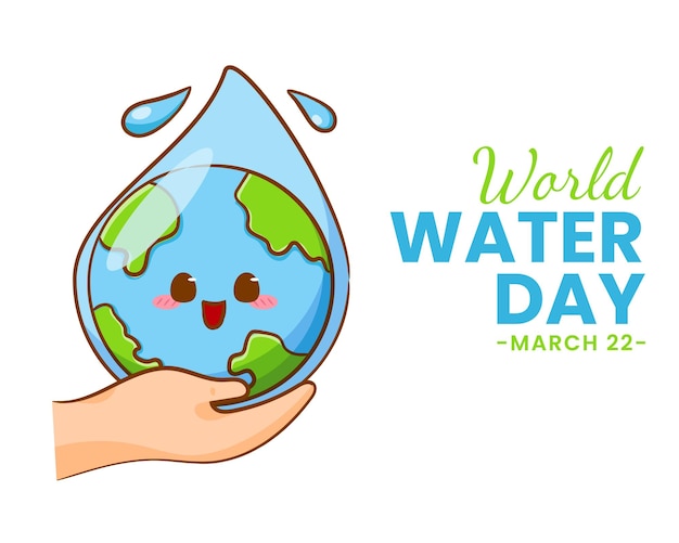 Cute earth cartoon character. World water day concept design. Flat cartoon style.