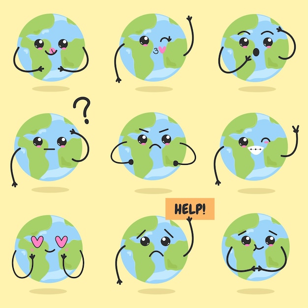 Cute earth cartoons set with different emotions and expressionsSave planet concept