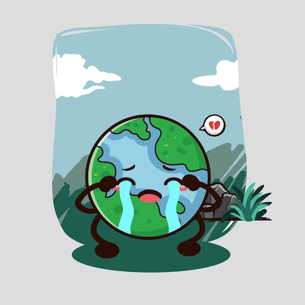 Vector cute earth crying cartoon illustration