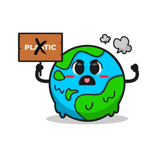 플라스틱 사용에 대한 항의의 보드 삽화를 들고 있는 귀여운 지구 그림