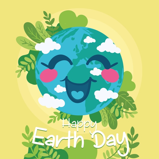 Cute earth planet cartoon with natural leaves Happy earth day Vector illustration