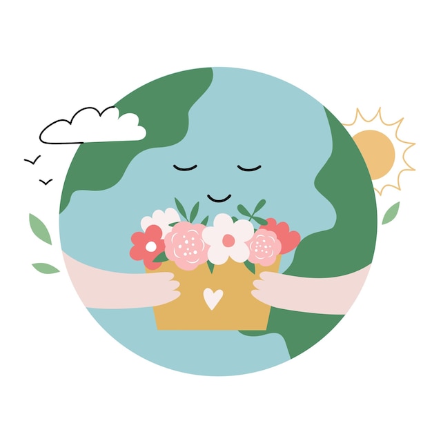ベクトル 花の箱で可愛い地球の惑星のキャラクター 自然保護コンセプト エコロジー印刷に最適