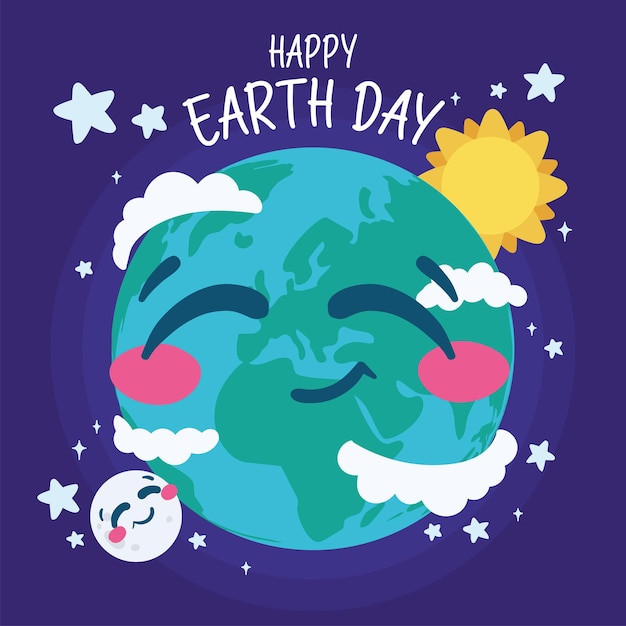 Cute earth planet with clouds sun and moon Happy earth day Vector illustration