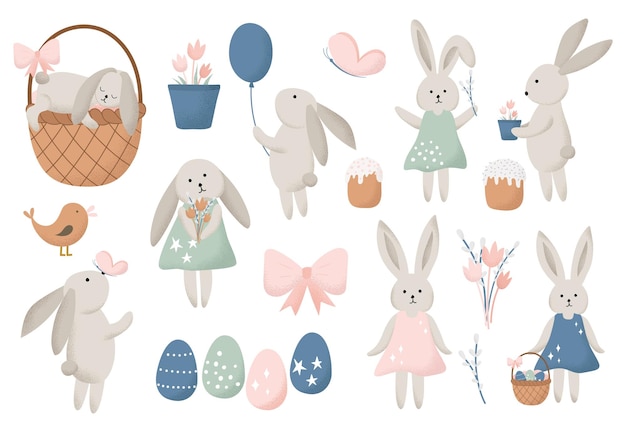 Vector cute easter bunnies illustration vector set spring bunnies collection