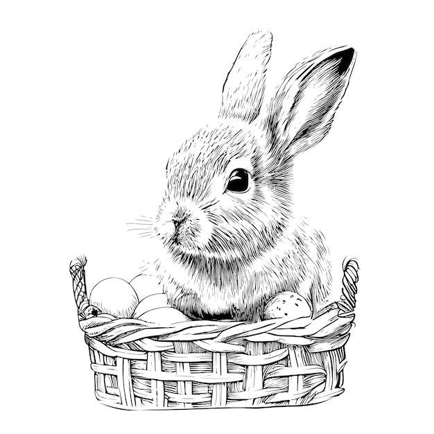 Cute easter bunny in a basket with eggs hand drawn sketch.Vector illustration.