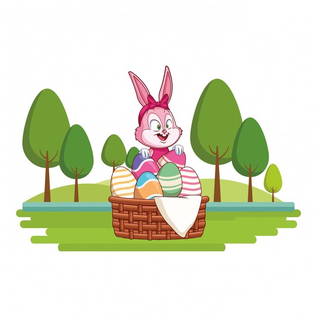 Cute easter bunny celebration egg basket nature background trees