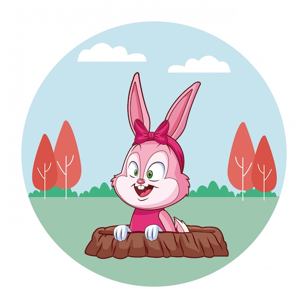 Cute easter bunny celebration rabbit hole  spring nature background trees