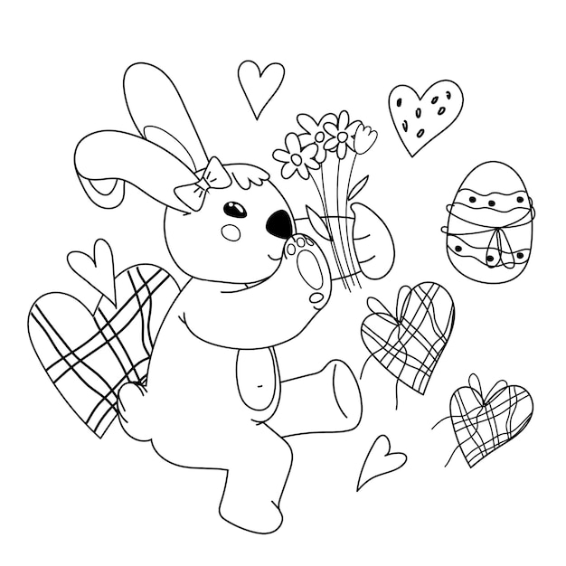 Cute easter bunny and easter egg for coloring book design vector isolated