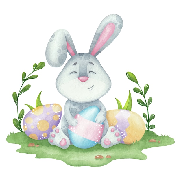 Cute easter bunny and eggs watercolor illustration for card