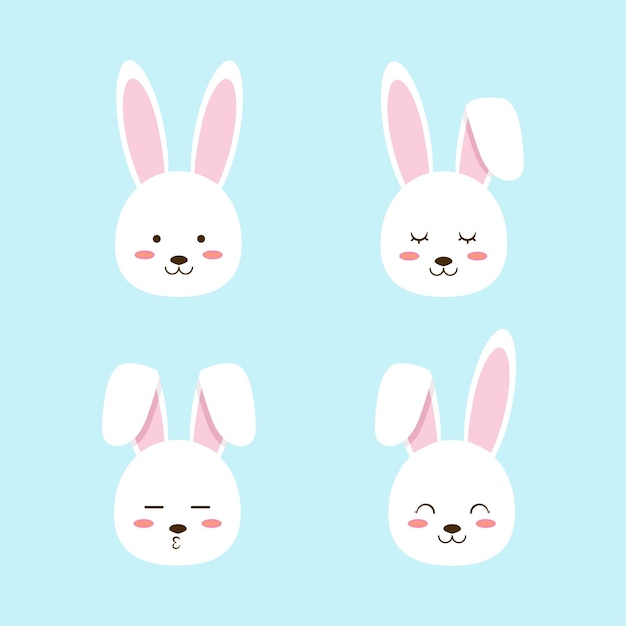 Cute easter bunny face different expression. flat vector illustration.