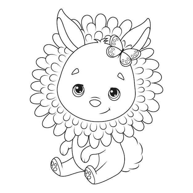 Cute easter bunny in flower black and white cartoon illustration