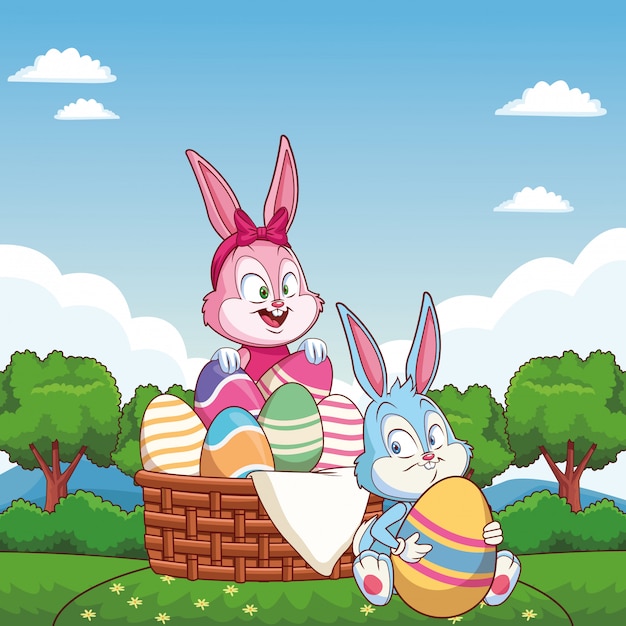 Cute easter bunny happy friends egg basket nature background trees