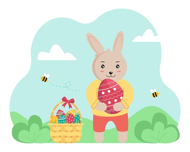 Cute easter bunny is holding a painted egg against the background of a spring landscape