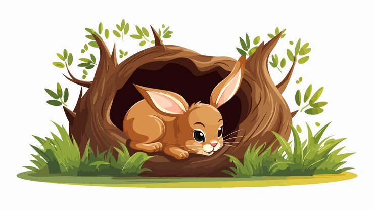 Vector cute easter bunny lying under the tree cartoon vector illustration
