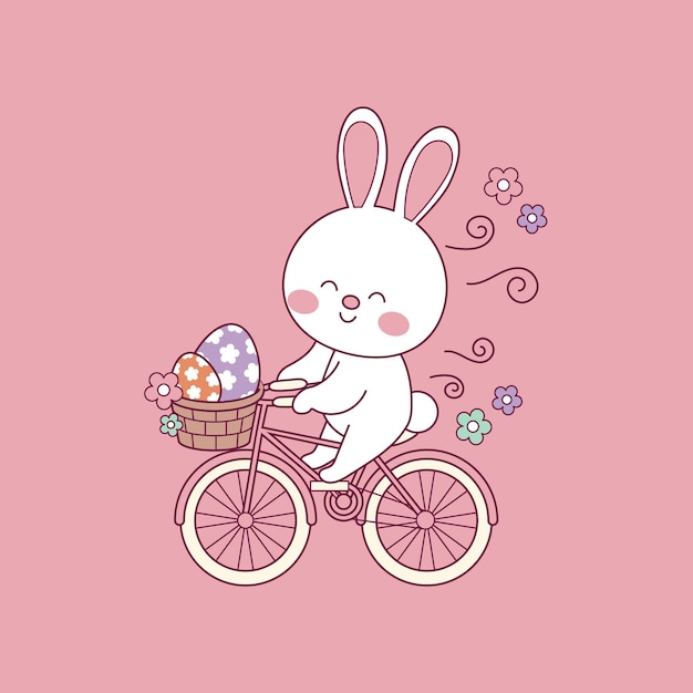 ベクトル イースターパーティー用の自転車イラストの可愛いイースターウサギ