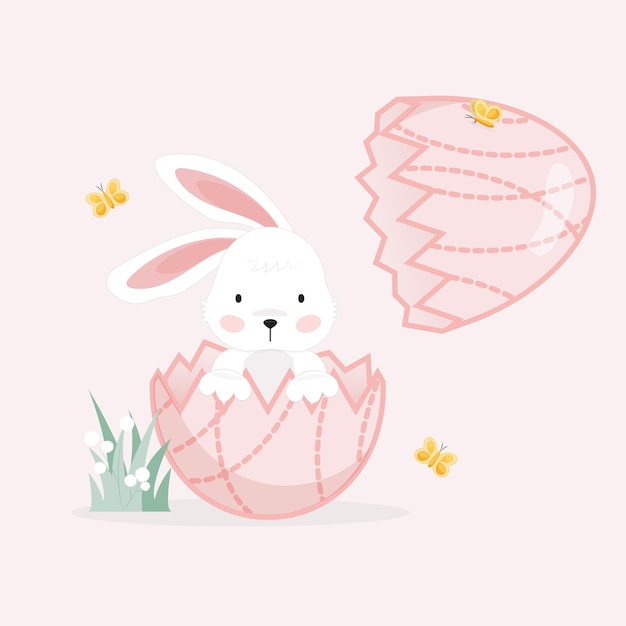 Cute easter bunny in pink egg shell with butterflies