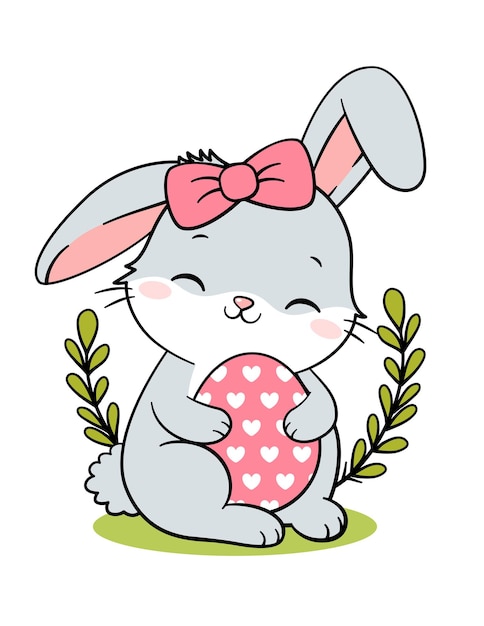 Vector cute easter bunny rabbit girl hugging egg