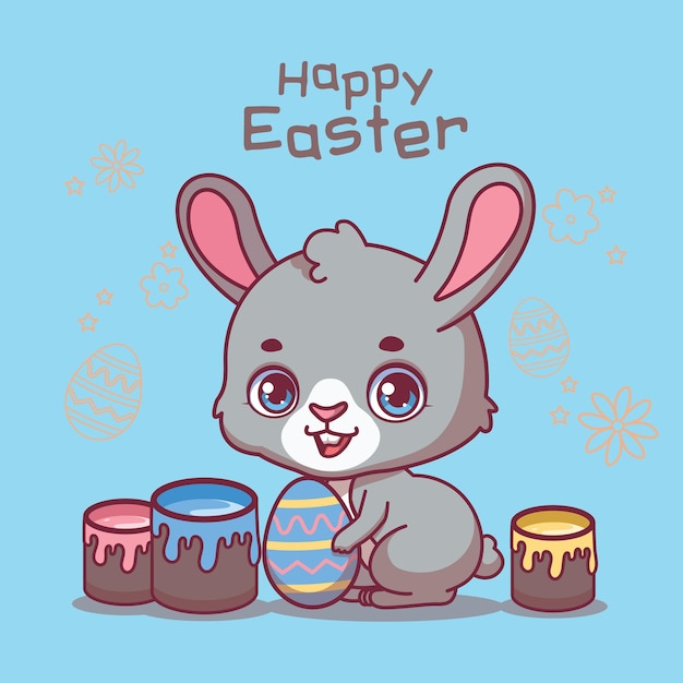 Cute easter bunny with colorful egg and paint cans