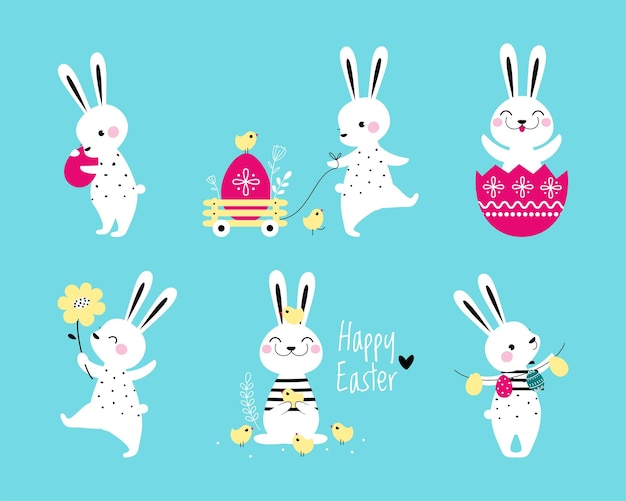 Cute Easter Bunny with Egg on Blue Background Vector Illustration Set Funny Hare Animal Enjoying Seasonal Holiday Celebration Concept