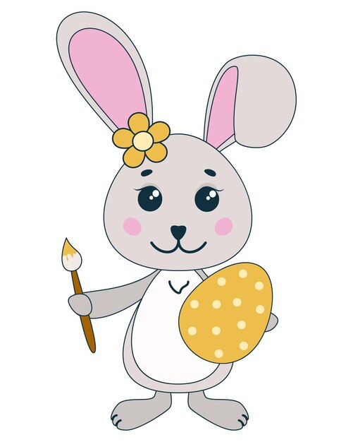 Cute Easter bunny with egg happy Easter Cartoon illustration of a happy little rabbit