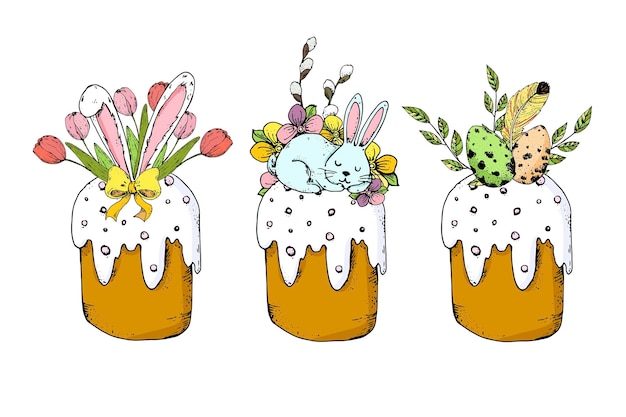 Cute easter cake set with easter eggs flowers tulips rabbit willow branches Greeting cards