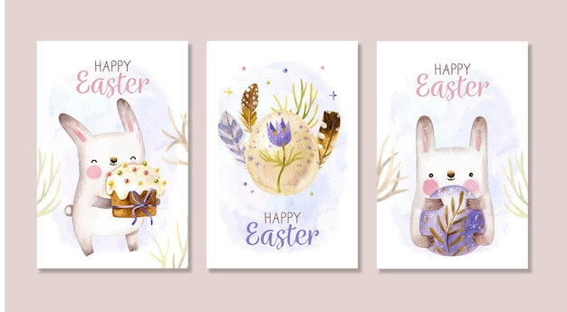 Вектор Симпатичная коллекция пасхальных открыток с кроликами