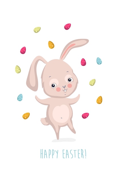 Cute easter card with cute bunnies and lettering easter greetings card with bunny cups eggs and flowers vector illustration