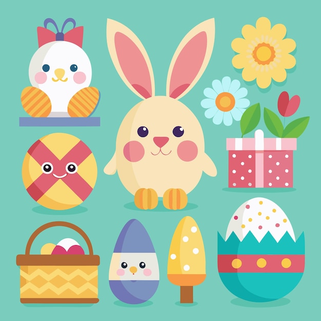 cute easter cartoon characters eggs and gifts