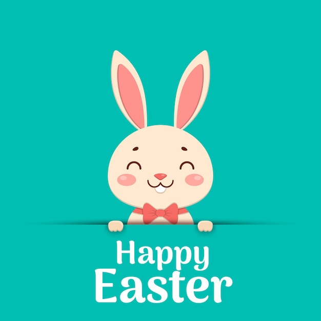 A cute easter cartoon smiling bunny in a red bow tie is looking out of the hole and holding the text place. Happy Easter.