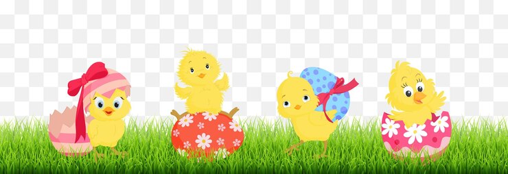 Vector cute easter chicks with eggs hidden in the grass vector png