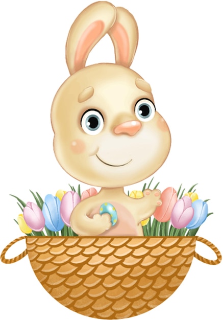 Vector cute easter cute bunny in a basket with eggs and flowers