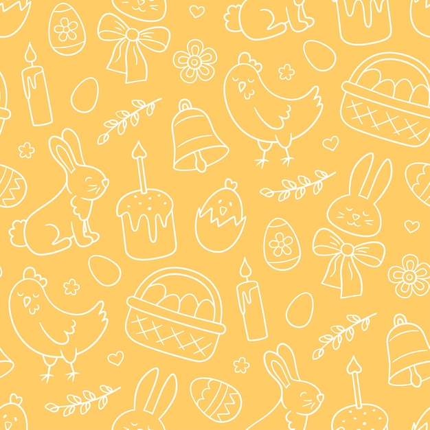 Cute easter doodle seamless pattern with bunny, basket, easter eggs, cakes, chicken, willow twigs and candles. vector hand drawn illustration on yellow background