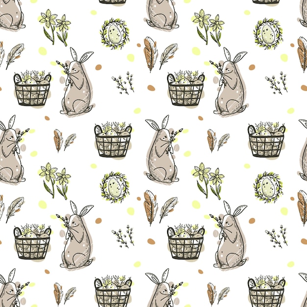 Vector cute easter doodle seamless pattern with bunny basket easter eggs and candles vector hand drawn