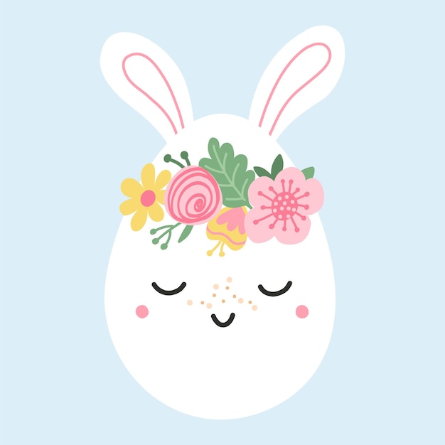 暖かいパステルカラーのウサギの耳を持つかわいいイースターエッグイラスト花束の花と春のキャラクターベクトル
