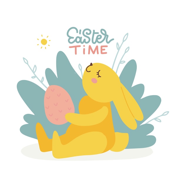 Cute easter hunt egg bunny sitting and holding his finding card concept for spring religious holiday