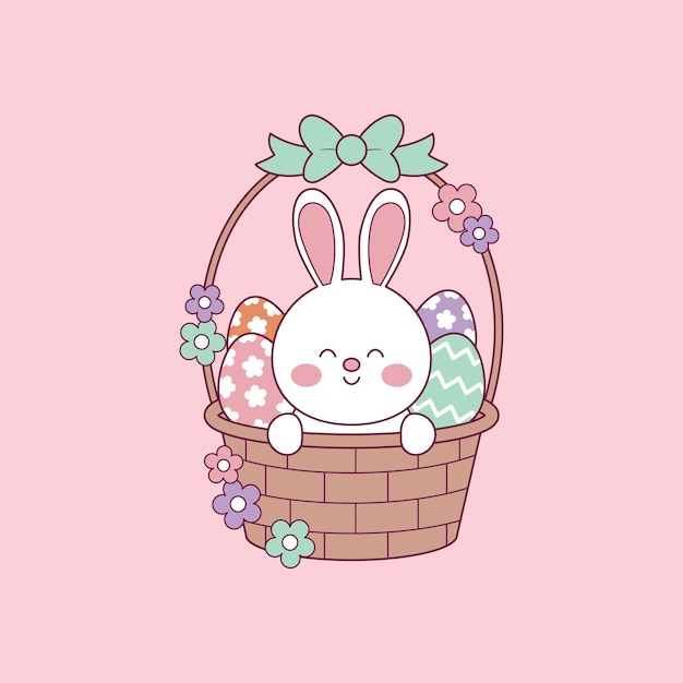 Vector cute easter illustration of bunny inside a basket with eggs
