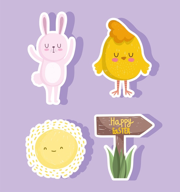 Vector cute easter, rabbit, chicken and sun stickers