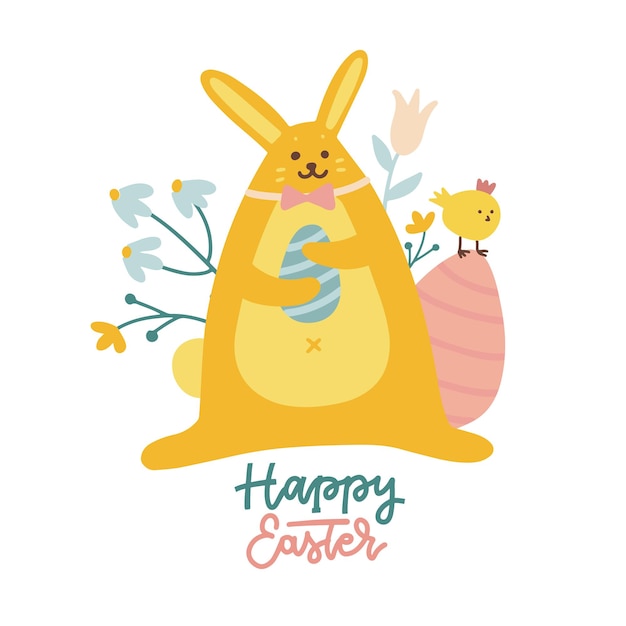 Cute easter rabbit and small chick happy rabbit holding egg with funny yellow chicken funny bird and