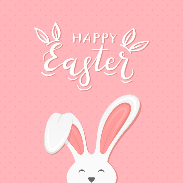 cute easter rabbit with ears and lettering happy easter on pink background illustration