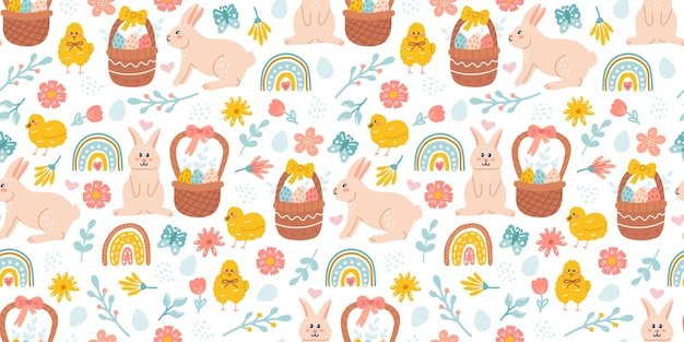 Cute Easter seamless pattern bunnies egg baskets flowers and chickens Ideal for paper and textile products