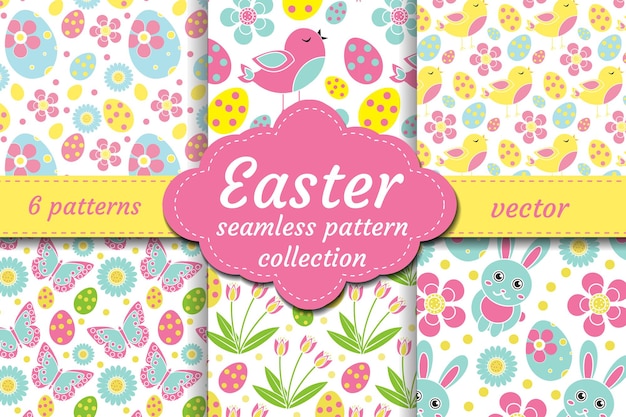 Cute easter seamless pattern set with nestling, rabbit, eggs, flowers. spring collection repeating textures. children, kids, baby endless background kit. vector illustration.