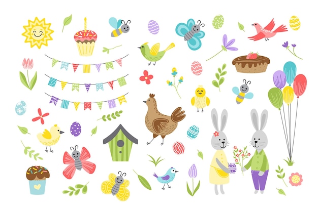 Vector cute easter spring set easter bunny chick butterfly bird cupcake bee flower leaves balloon