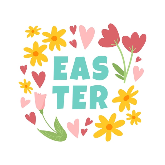 Cute easter square greeting card with childish simple doodle flowers leaves and hearts on white